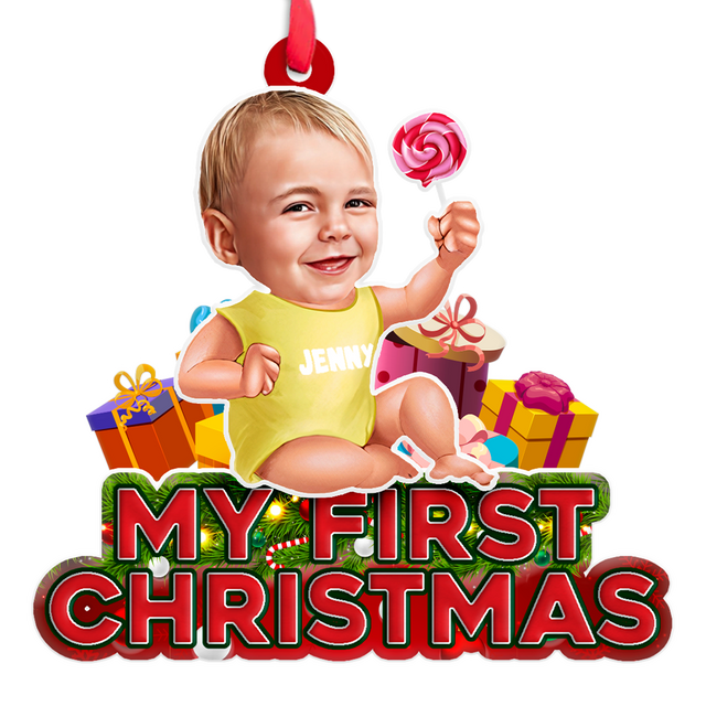 Custom Photo, Personalized Name And Text, Ornament For Baby, Baby's First Christmas, Candy & Gift Box, Christmas Shape Ornament 2 Sides