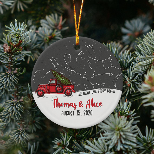 The Night Our Story Began Custom Star Map, Name And Location Light Wood Background Decorative Christmas Circle Ornament 2 Sided