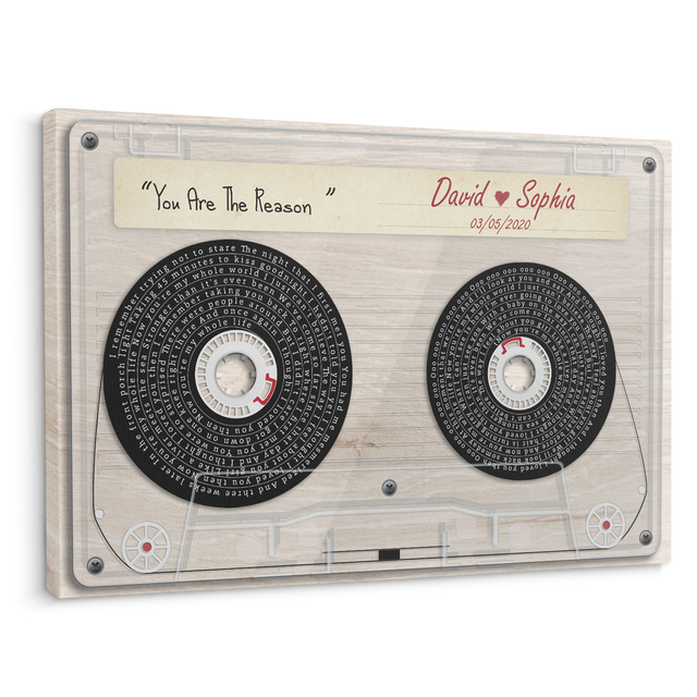 Custom Song Lyrics, Customizable Text Cassette Tape Light Wood Background Canvas