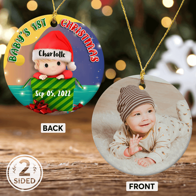 Baby's 1st Christmas Custom Photo And Text Decorative Christmas Circle Ornament 2 Sided