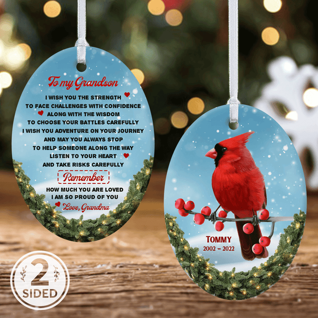 Custom Memorial Cardinal Decorative Christmas Oval Ornament 2 Sided, Personalized Text