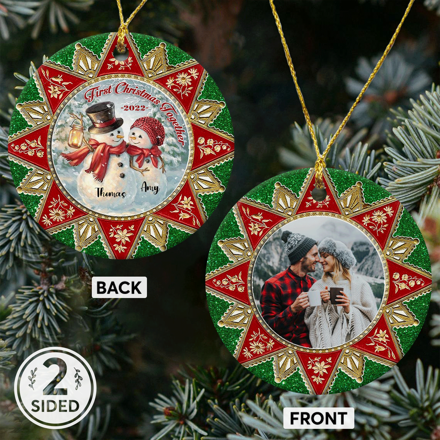 First Christmas Together Custom Photo And Text Decorative Christmas Circle Ornament 2 Sided