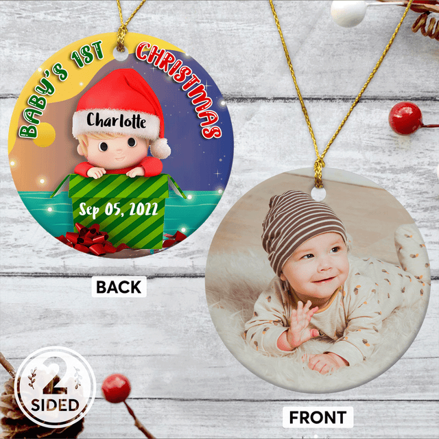 Baby's 1st Christmas Custom Photo And Text Decorative Christmas Circle Ornament 2 Sided