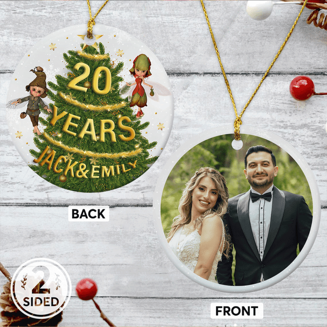 20 Year Anniversary Custom Photo And Text Decorative Christmas Circle Ornament 2 Sided