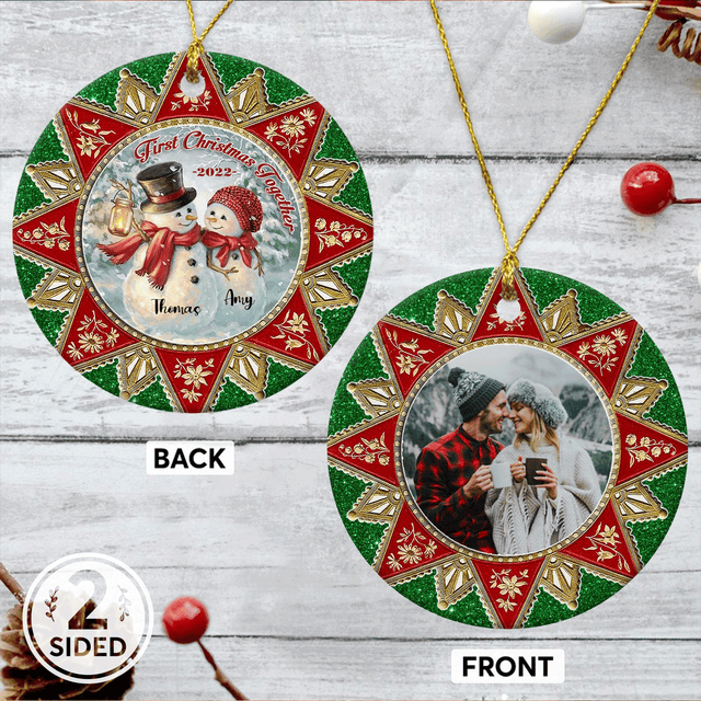 First Christmas Together Custom Photo And Text Decorative Christmas Circle Ornament 2 Sided