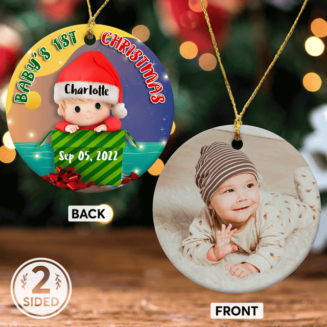 Baby's 1st Christmas Custom Photo And Text Decorative Christmas Circle Ornament 2 Sided