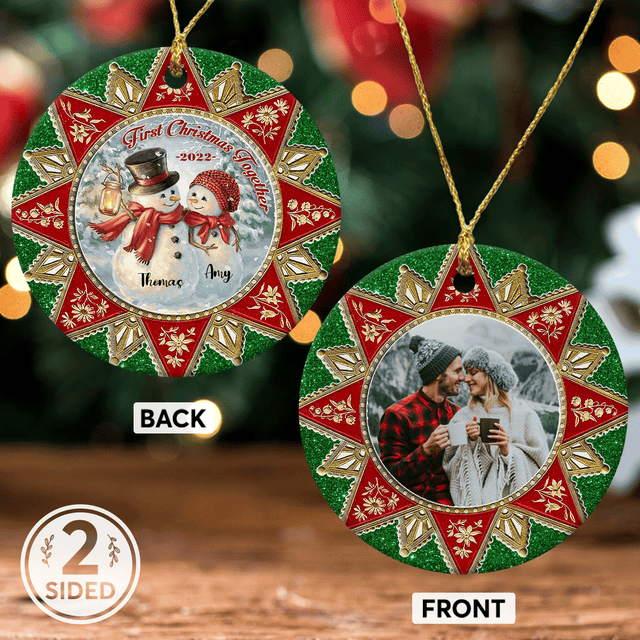 First Christmas Together Custom Photo And Text Decorative Christmas Circle Ornament 2 Sided
