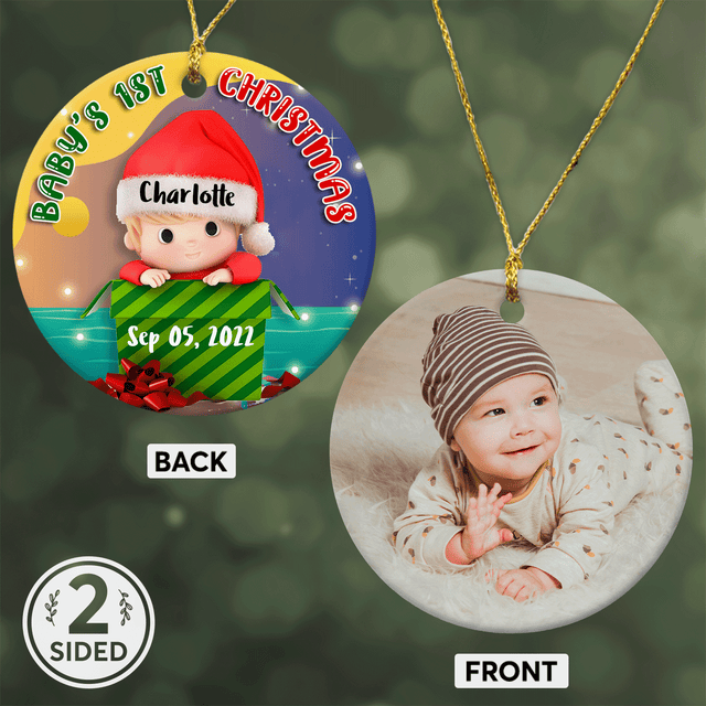 Baby's 1st Christmas Custom Photo And Text Decorative Christmas Circle Ornament 2 Sided