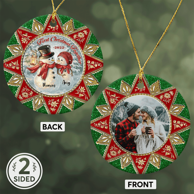 First Christmas Together Custom Photo And Text Decorative Christmas Circle Ornament 2 Sided
