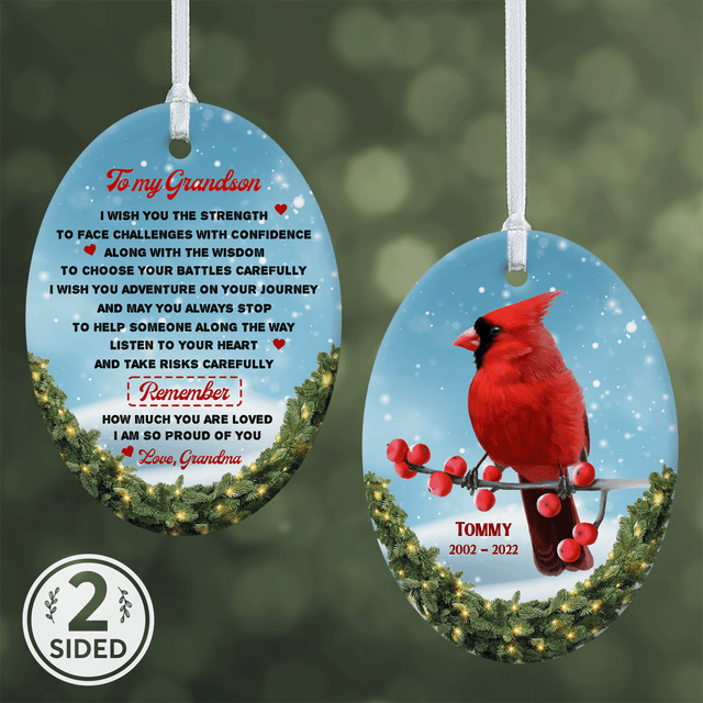 Custom Memorial Cardinal Decorative Christmas Oval Ornament 2 Sided, Personalized Text
