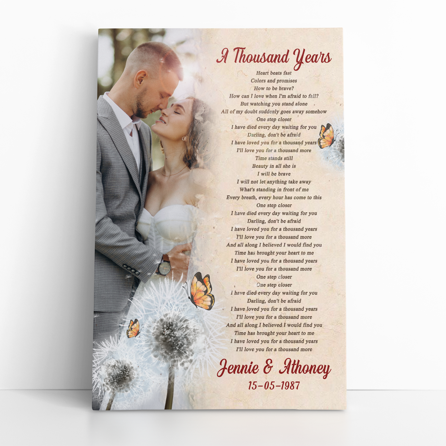 Custom Photo Name Date, Butterfly Flower, Song Lyrics Canvas