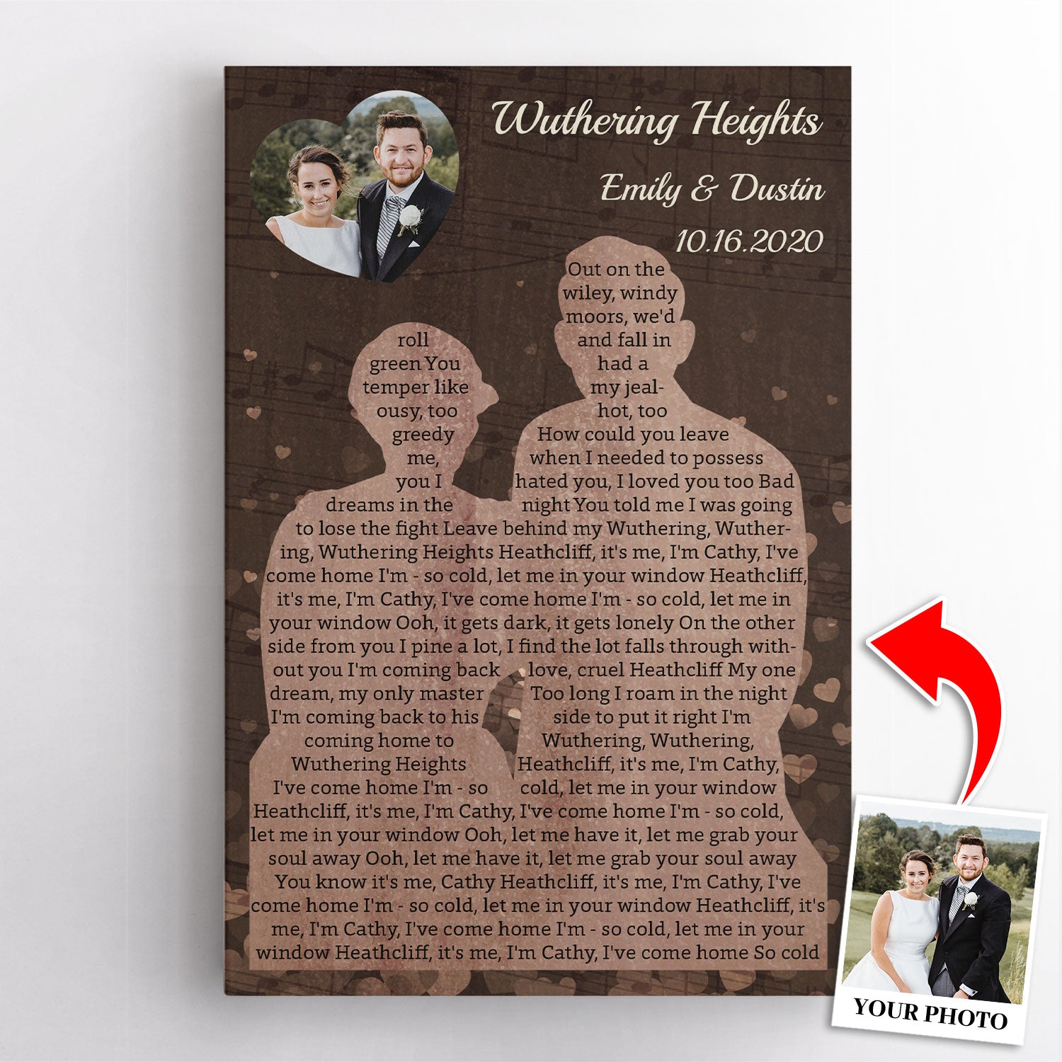 Custom Song Lyrics & Photo, Potrait With Heart Shaped Canvas