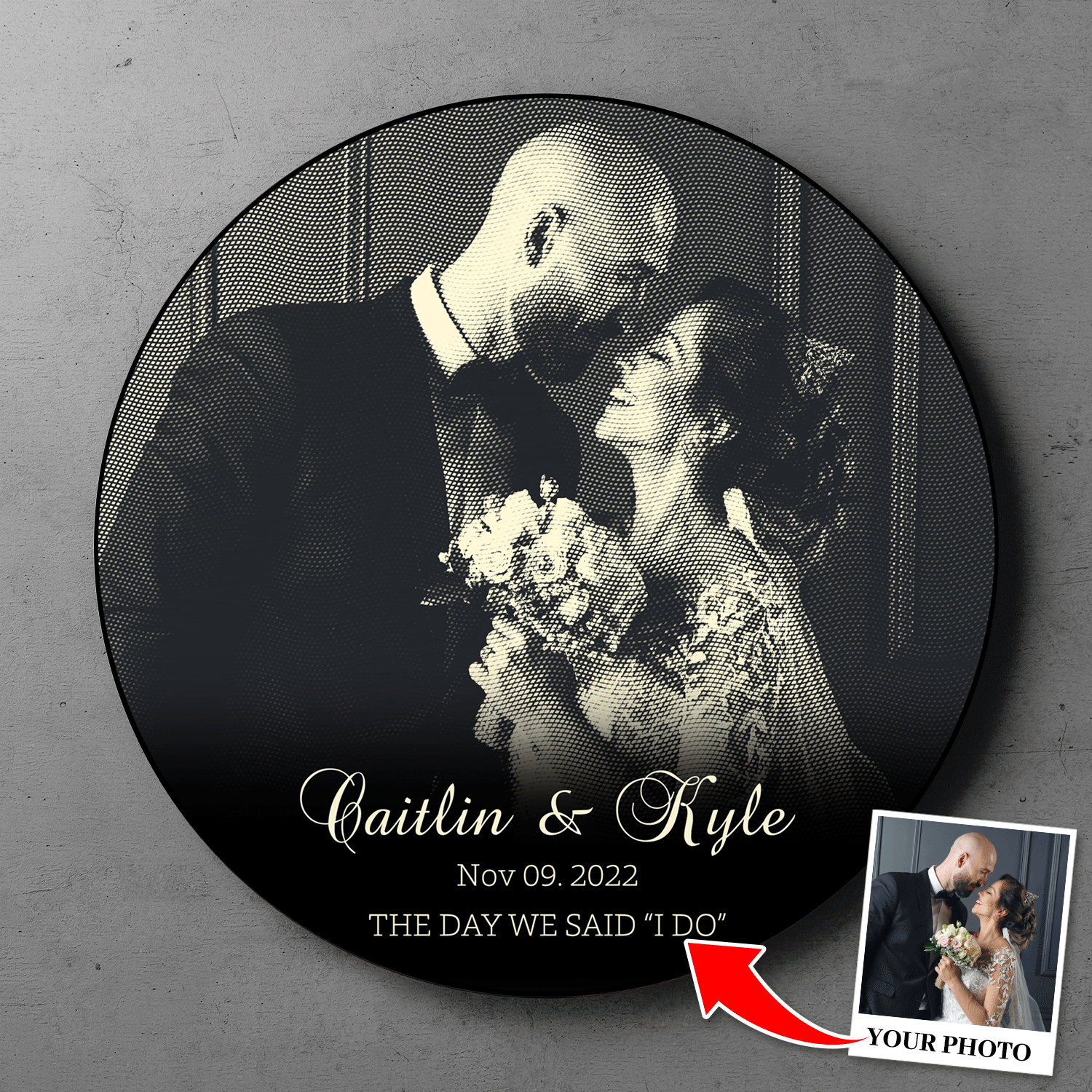 Custom Photo Name Date, B&W Style, Round Wood Sign