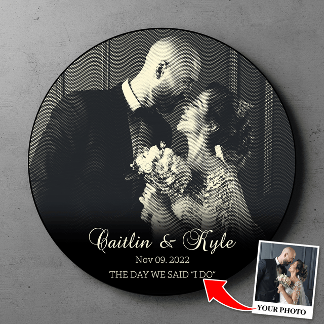 Custom Photo Name Date, B&W Style, Round Wood Sign