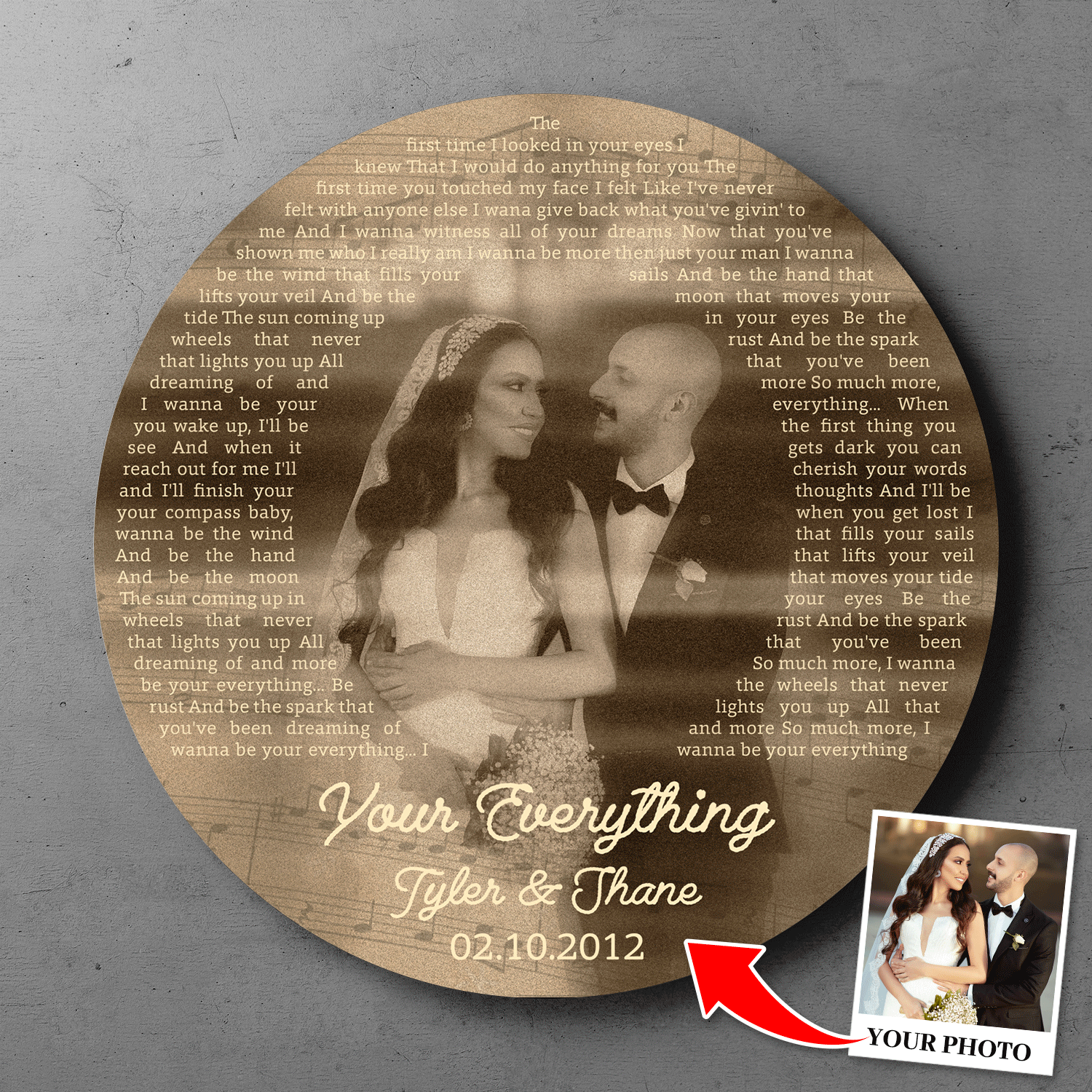 Custom Photo Name Date, Vintage Style, Round Wood Sign
