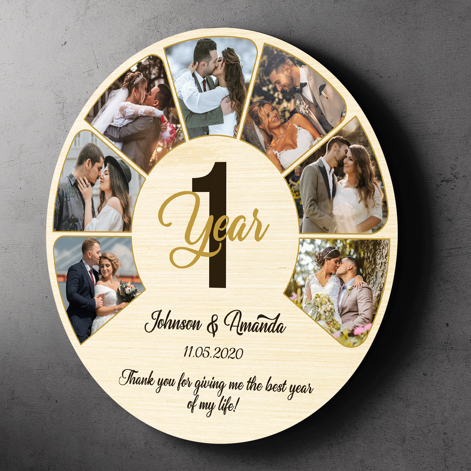 Custom Light Yellow Round Sign, Upload Photo, Text & Year of Anniversary