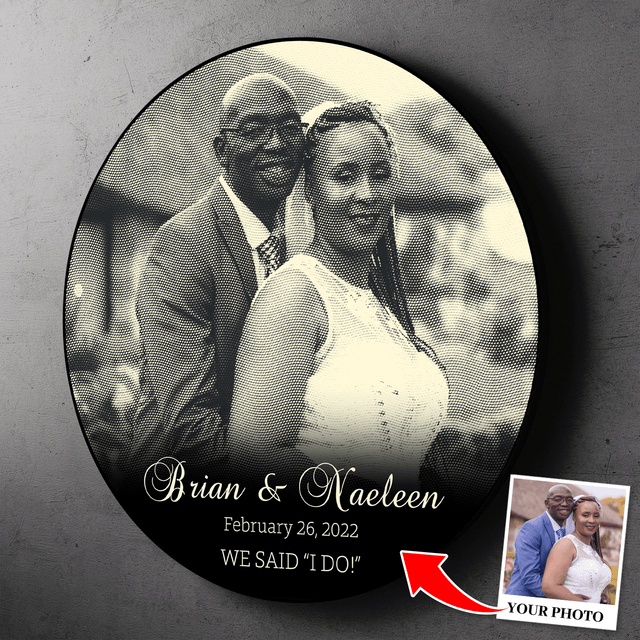 Custom Photo Name Date, B&W Style, Round Wood Sign