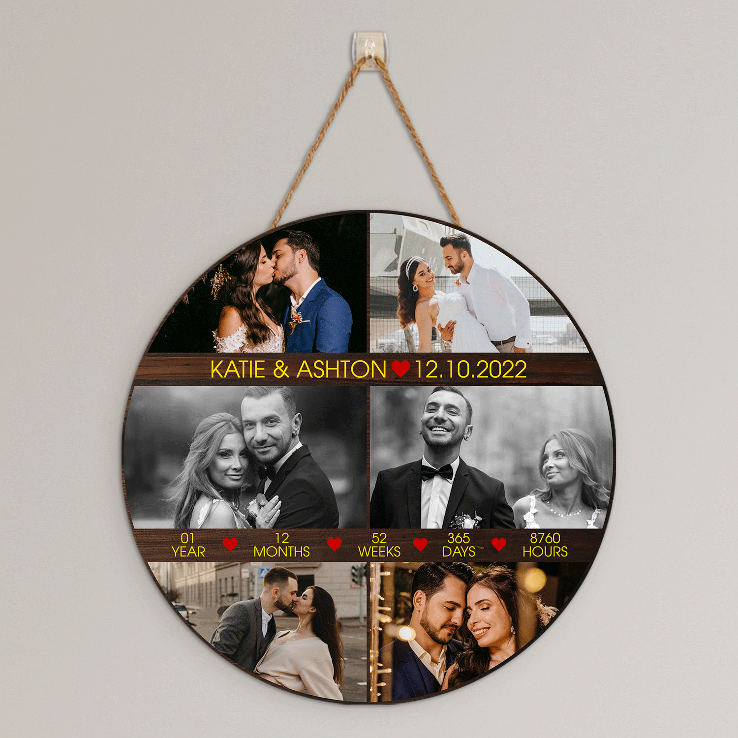 Custom Wedding Photo, 6 Photo Uploaded, Round Wood Sign