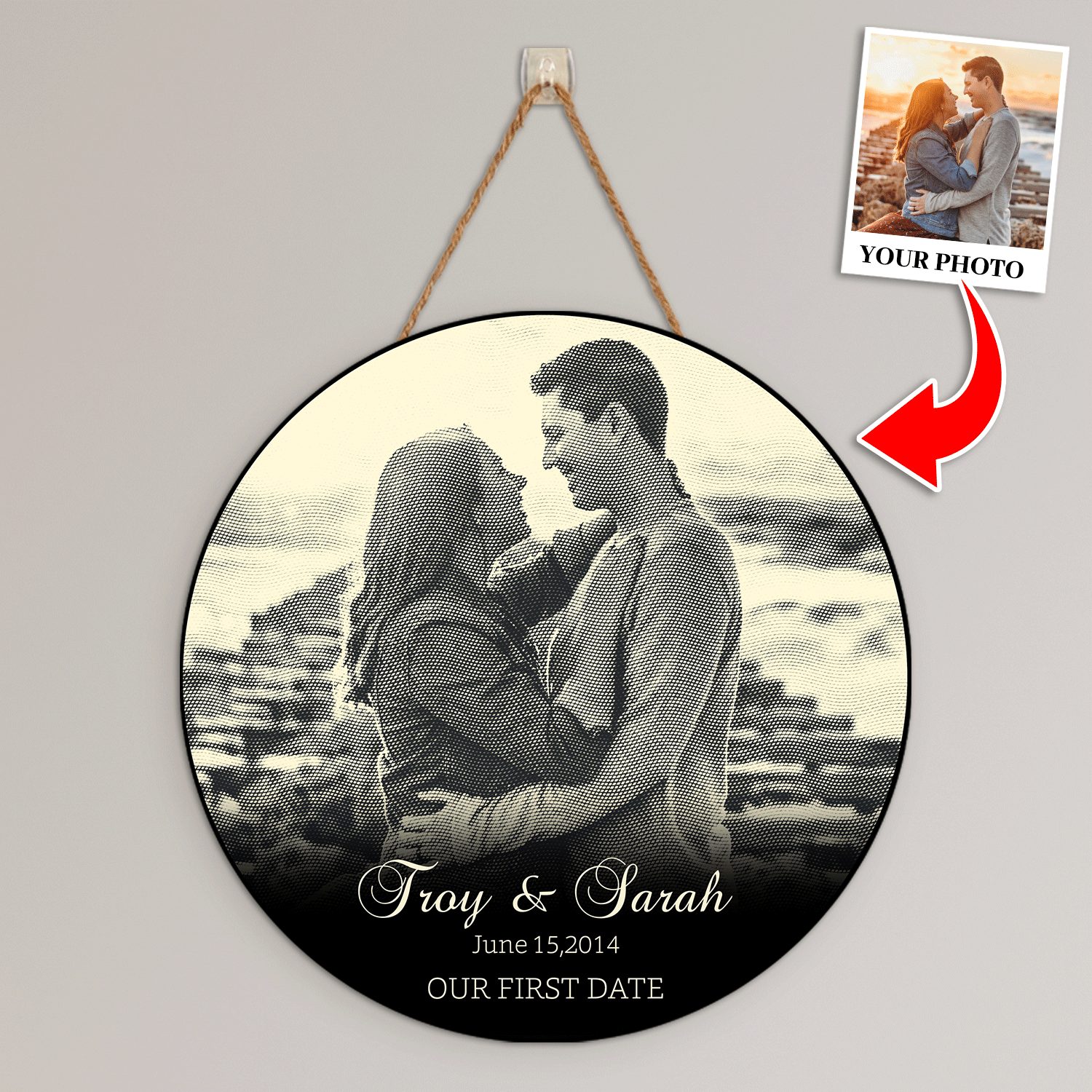 Custom Photo Name Date, B&W Style, Round Wood Sign