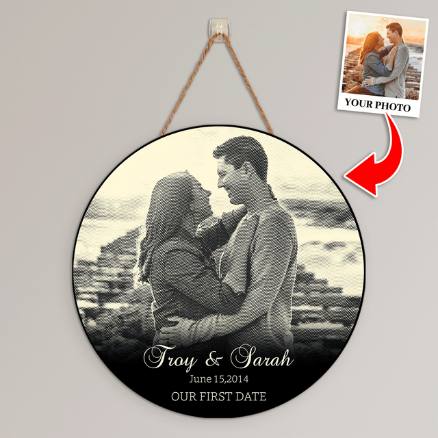 Custom Photo Name Date, B&W Style, Round Wood Sign