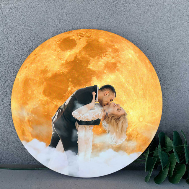 Custom Wedding Photo, Silver or Gold, Round Wood Sign