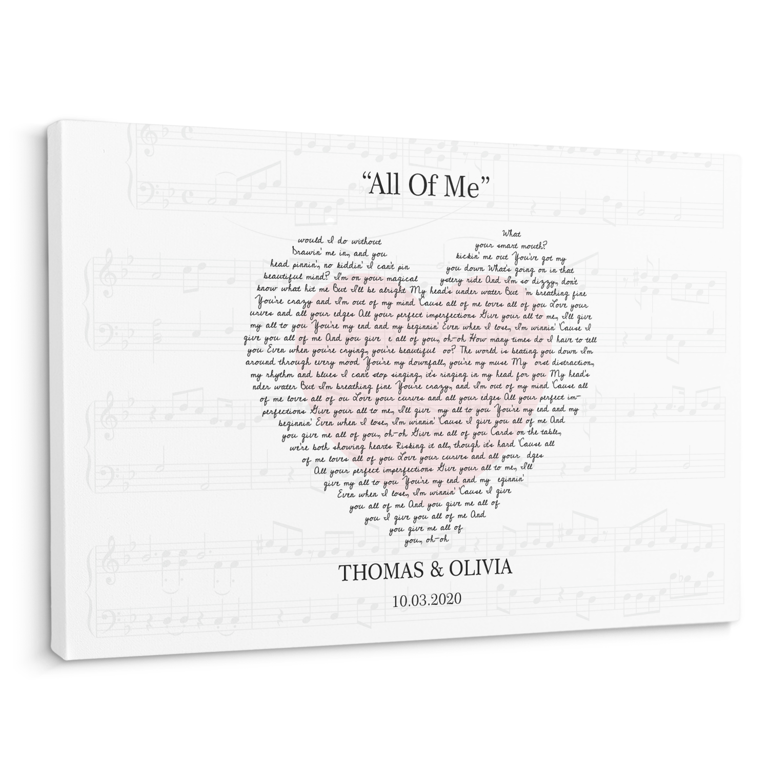 Custom Song Lyrics Heart Shape, Customizable Name, Date Canvas