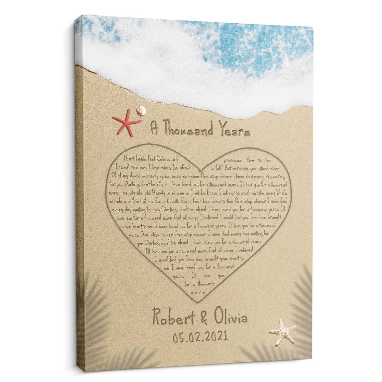 Custom Song Lyrics in The Sand Beach, Heart Shape, Canvas Wall Art, Customizable Name and Date