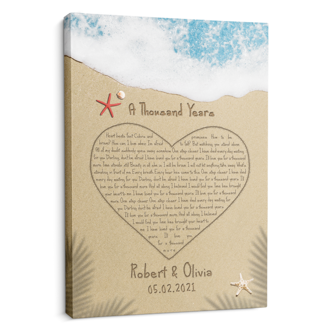 Custom Song Lyrics in The Sand Beach, Heart Shape, Canvas Wall Art, Customizable Name and Date