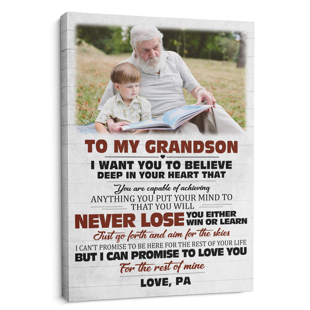 To My Grandson, Never Lose You Either Win Or Learn, Custom Photo, Customizable Text Canvas Art Print