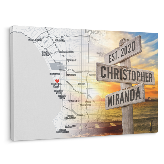 Custom Map Print By Location, Customizable Name And Date, Street Sign, Canvas Wall Art