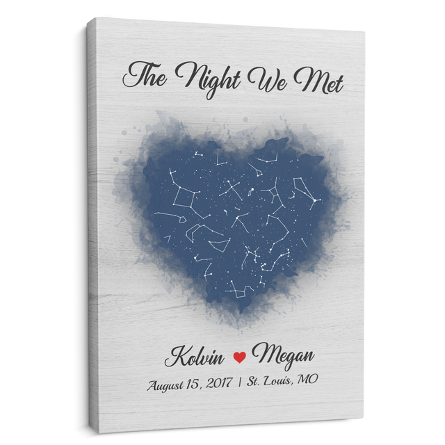 Couple Custom Star Map Grey Wood Style Background Canvas - " The Night We Met "