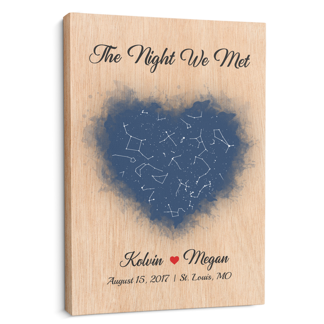 Couple Custom Star Map Light Wood Style Background Canvas - "The Night We Met"
