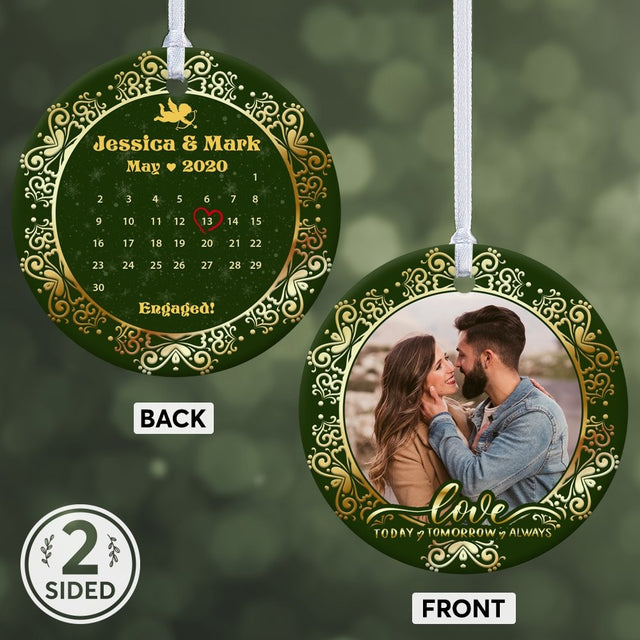 A Date to Remember Engaged Custom Photo, Date And Text Decorative Christmas Circle Ornament 2 Sided