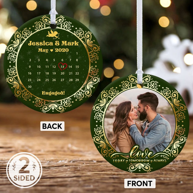 A Date to Remember Engaged Custom Photo, Date And Text Decorative Christmas Circle Ornament 2 Sided