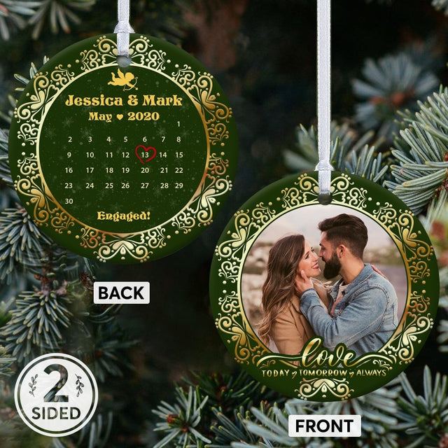 A Date to Remember Engaged Custom Photo, Date And Text Decorative Christmas Circle Ornament 2 Sided