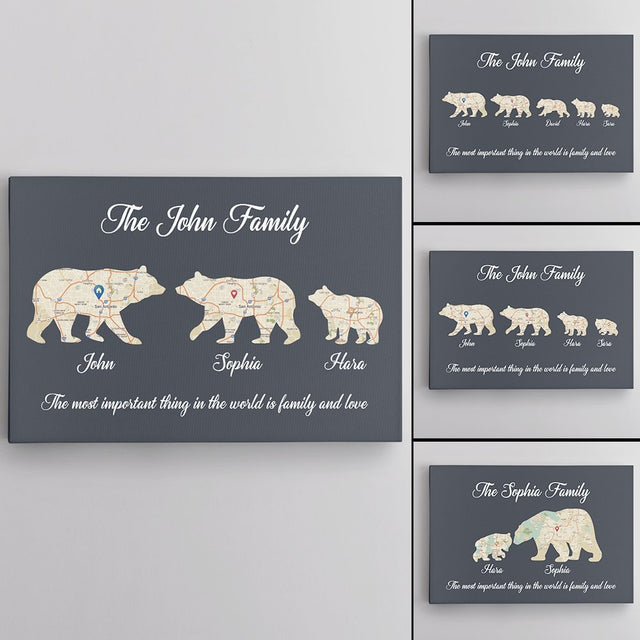 Bear Family, Custom Map Prints, Personalized Name And Text Canvas Wall Art