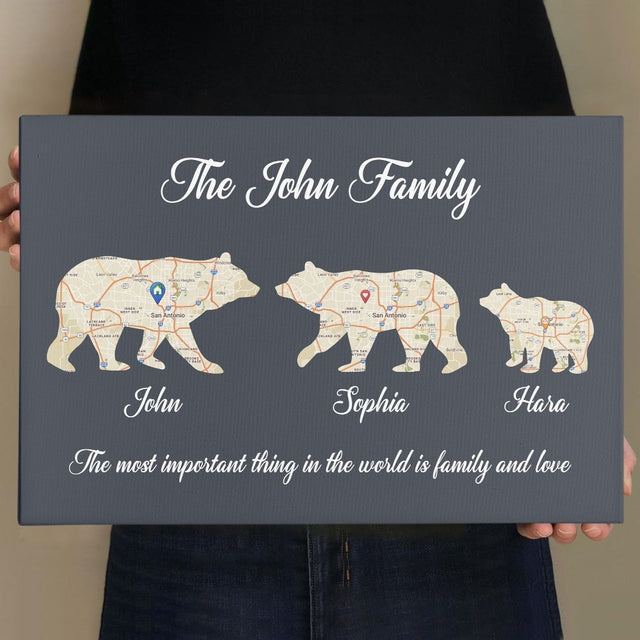 Bear Family, Custom Map Prints, Personalized Name And Text Canvas Wall Art