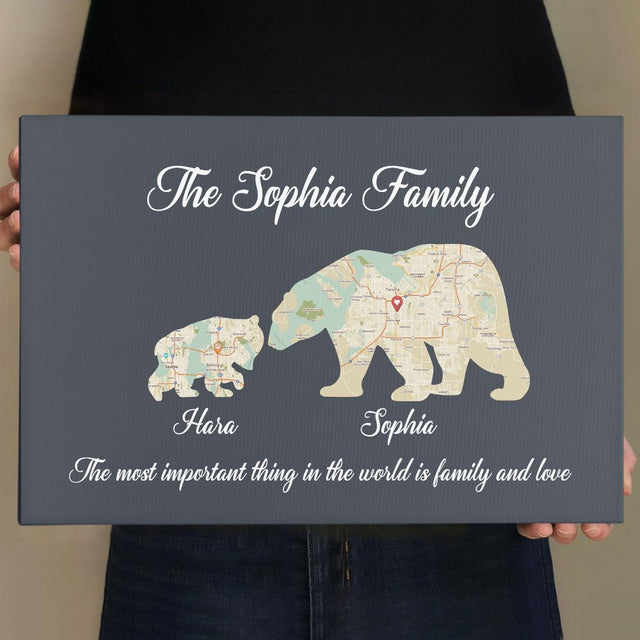 Bear Family, Custom Map Prints, Personalized Name And Text Canvas Wall Art