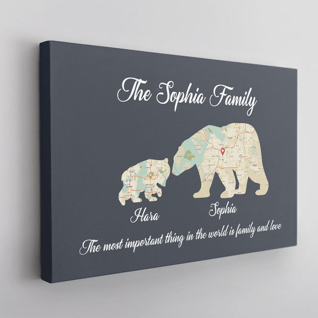 Bear Family, Custom Map Prints, Personalized Name And Text Canvas Wall Art