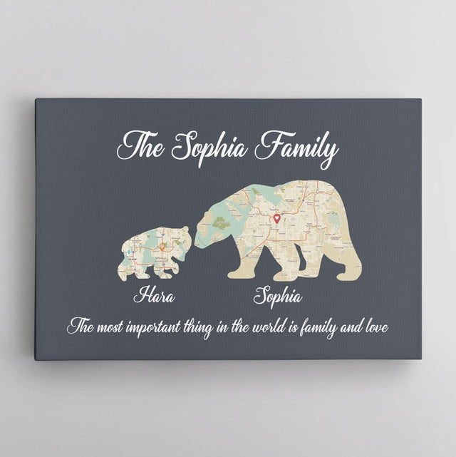 Bear Family, Custom Map Prints, Personalized Name And Text Canvas Wall Art