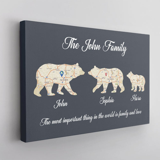 Bear Family, Custom Map Prints, Personalized Name And Text Canvas Wall Art