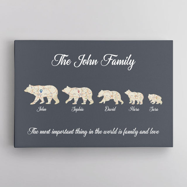 Bear Family, Custom Map Prints, Personalized Name And Text Canvas Wall Art