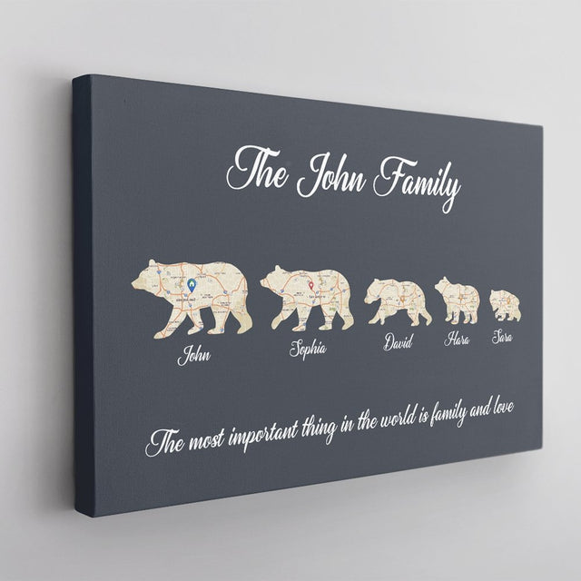 Bear Family, Custom Map Prints, Personalized Name And Text Canvas Wall Art
