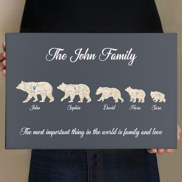 Bear Family, Custom Map Prints, Personalized Name And Text Canvas Wall Art