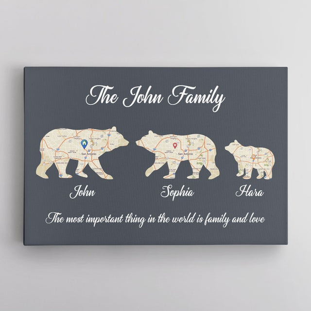 Bear Family, Custom Map Prints, Personalized Name And Text Canvas Wall Art