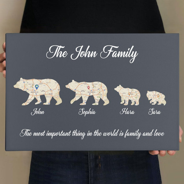 Bear Family, Custom Map Prints, Personalized Name And Text Canvas Wall Art
