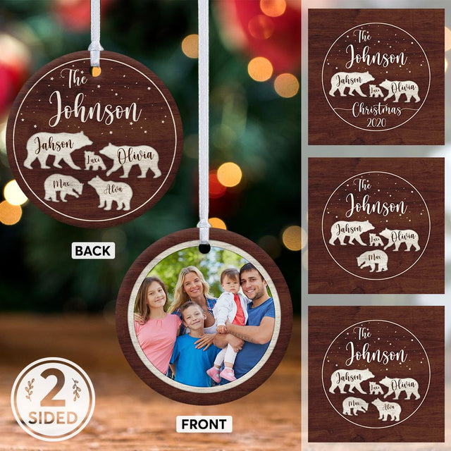 Bear Family Custom Photo And Text Decorative Christmas Circle Ornament 2 Sided