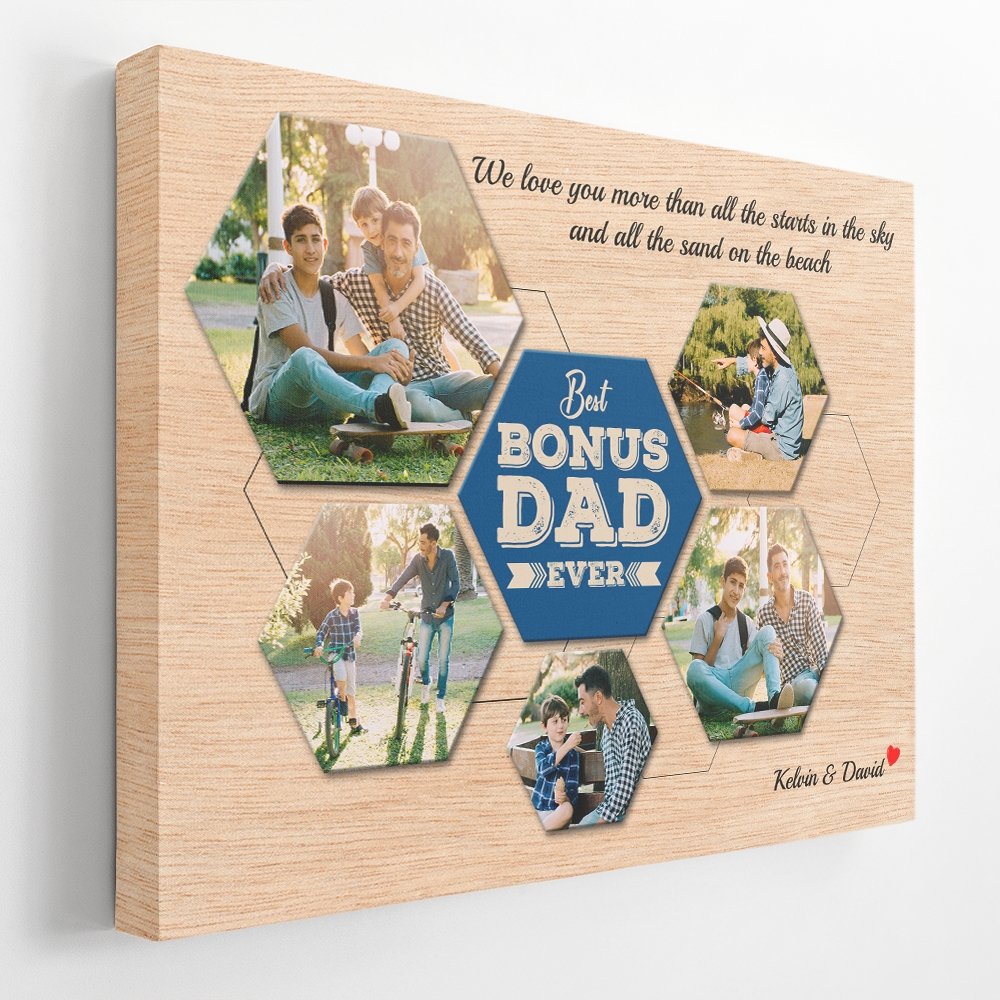 Best Bonus Dad Ever Custom Photo Collage - Personalized Light Wood Background Canvas