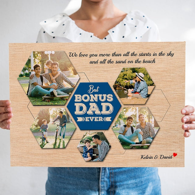 Best Bonus Dad Ever Custom Photo Collage - Personalized Light Wood Background Canvas