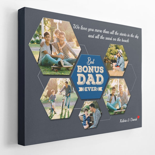 Best Bonus Dad Ever Custom Photo Collage - Personalized Navy Background Canvas